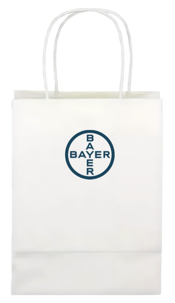 BAYER BOLSA PERSONALIZADA KRAFT BLANCO 22X20X5,5 IMPRESO 1 COLOR AZUL AMBAS CARAS 100 GR MANILLA BLANCA