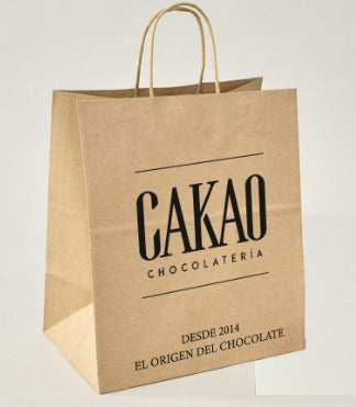 CAKAO BOLSA PERSONALIZADA 20X14X8 KRAFT LINER 100 GRAMOS IMPRESION 1/0 MANILLA DE PAPEL CAFE