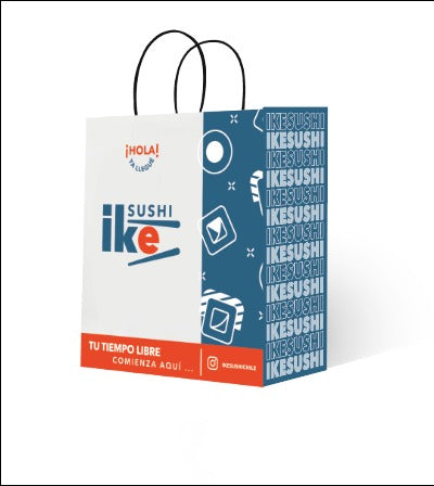 BOLSA IKE SUSHI  KRAFT BLANCO 100 GR PERSONALIZADA 30X26X16 IMPRESO 2/0 MANILLA COLOR AZUL